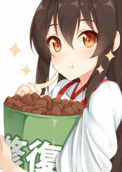 Rule 34 | 10s, 1girl, :t, akagi (kancolle), bauxite, blush, brown hair, bucket, close-up, eating, finger to mouth, food, full mouth, hair between eyes, kantai collection, orange eyes, shuuichi, simple background, solo, sparkle, sparkling eyes, text focus, white background