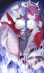 Rule 34 | 1girl, absurdres, bare shoulders, black leotard, blush, breasts, cameltoe, closed mouth, elbow gloves, fishnet legwear, fishnets, genshin impact, gloves, highres, holding, holding polearm, holding spear, holding weapon, huge filesize, ice, large breasts, leotard, looking at viewer, manzai sugar, multicolored hair, nun, polearm, purple eyes, purple hair, rosaria (genshin impact), short hair, sleeveless, solo, spear, streaked hair, thigh strap, thighs, veil, weapon, white gloves