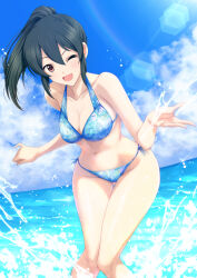 Rule 34 | 1girl, bare shoulders, bikini, black hair, blue bikini, blue sky, blush, breasts, brown eyes, cleavage, cloud, collarbone, day, dot nose, horizon, idolmaster, idolmaster cinderella girls, idolmaster cinderella girls starlight stage, inou hiroaki, knees together feet apart, lens flare, long hair, looking at viewer, medium breasts, navel, ocean, ohishi izumi, one eye closed, open hand, open mouth, outdoors, outstretched arms, ponytail, side-tie bikini bottom, sky, smile, solo, sparkle, splashing, standing, swimsuit, wading, water