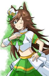 Rule 34 | 1girl, ahoge, alternate costume, animal ears, bow, bowtie, breasts, brown hair, commission, cropped jacket, emapippi, green eyes, hair ornament, hairclip, hand on own chest, hat, highres, horse ears, horse girl, horse tail, jacket, long hair, looking at viewer, midriff, mini hat, mini top hat, mr. c.b. (umamusume), one eye closed, open mouth, short sleeves, skeb commission, skirt, small breasts, smile, solo, tail, top hat, two-tone skirt, umamusume, upper body, white jacket, wrist cuffs