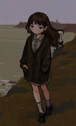 Rule 34 | 1girl, black eyes, black footwear, blush stickers, brown hair, cardigan, contrapposto, dress, empty eyes, film grain, frown, full body, grey dress, grey sky, hands in pockets, io (onisarashi), lighthouse, loafers, looking to the side, medium hair, muted color, original, outdoors, plaid, plaid dress, shoes, sky, socks, solo, walking, water, wavy hair, white socks