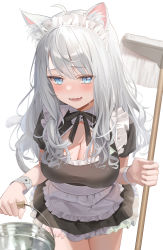 Rule 34 | 1girl, absurdres, animal ears, apron, black ribbon, blue eyes, blush, breasts, bucket, cat girl, cleavage, frills, fujizarashi, highres, holding, holding bucket, holding mop, large breasts, long hair, looking at viewer, maid, maid headdress, mop, open mouth, original, ribbon, shirt, simple background, smile, solo, tail, waist apron, white apron, white hair