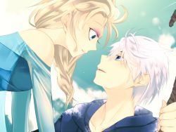 Rule 34 | 1boy, 1girl, bad id, bad pixiv id, blue eyes, crossover, elsa (frozen), frozen (disney), gradient background, hood, hoodie, jack frost (rise of the guardians), long hair, looking at another, power connection, rise of the guardians, ryoo (nihosi), silver hair, staff