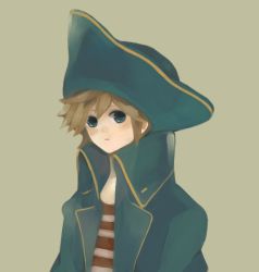 Rule 34 | 1boy, alternate costume, bad id, bad pixiv id, blue eyes, brown hair, hat, jacket, kingdom hearts, looking at viewer, male focus, pirate, pirate costume, pirate hat, sana423, shirt, simple background, solo, sora (kingdom hearts), striped clothes, striped shirt, tricorne