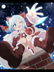 Rule 34 | 1girl, ;d, aqua eyes, aqua hair, boots, chimney, christmas, cirno, do (4-rt), highres, letterboxed, one eye closed, open mouth, santa costume, short hair, smile, snowing, solo, touhou