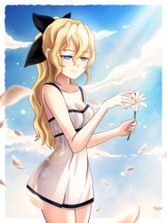 Rule 34 | 10s, 1girl, bare shoulders, blonde hair, blue eyes, blue sky, blush, bow, breasts, cleavage, cloud, day, dmy-gfx, dress, flower, from side, hair between eyes, hair bow, half-closed eyes, high ponytail, holding, katawa shoujo, lens flare, light rays, light smile, lily (flower), long hair, looking down, name connection, object namesake, outdoors, petals, ponytail, satou lilly, scott bennett, see-through silhouette, short dress, sidelocks, sky, solo, standing, sunbeam, sundress, sunlight, wavy hair, white dress