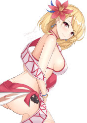 Rule 34 | 1girl, ass, azur lane, bangle, bare arms, bare shoulders, barefoot, bikini, blonde hair, blush, bracelet, breasts, butt crack, choker, closed mouth, earrings, flower, from side, hair flower, hair ornament, jewelry, large breasts, looking at viewer, looking back, mismatched bikini, prince of wales (azur lane), prince of wales (sun shining upon windsor) (azur lane), red bikini, red choker, red eyes, red flower, sarong, shawl, short hair, sideboob, simple background, sitting, smile, solo, swimsuit, thighs, unel, wariza, white background, white bikini, wristband