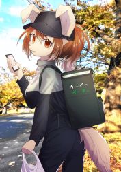 Rule 34 | 1girl, absurdres, animal ears, backpack, bag, baseball cap, black hat, black jacket, body fur, brown eyes, brown fur, cellphone, dosta, from side, furry, furry female, grey jacket, hat, highres, holding, holding bag, holding phone, jacket, leaning forward, multicolored clothes, multicolored jacket, original, phone, photo background, ponytail, smartphone, smile, solo, tail, two-tone jacket, uber eats