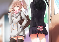 Rule 34 | 2girls, arms behind back, bad id, bad pixiv id, bag, black hair, black legwear, bow, box, brown hair, buttons, chibi, coat, cowboy shot, door, double-breasted, earphones, gift, gift box, hair ornament, hair scrunchie, hand in pocket, heart, heart-shaped box, highres, holding, holding gift, long hair, long sleeves, looking at another, miniskirt, multiple girls, nyoijizai, open mouth, original, out of frame, paper, pleated skirt, scarf, scrunchie, shoulder bag, side ponytail, skirt, thighhighs, valentine, yuri, zettai ryouiki