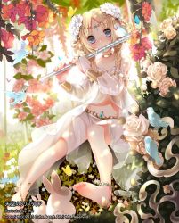 Rule 34 | 1girl, anklet, bare shoulders, barefoot, bell, bird, blonde hair, blue eyes, rabbit, flower, flute, hair flower, hair ornament, instrument, jewelry, jingle bell, long hair, looking at viewer, lots of jewelry, mia0309, nature, navel, original, playing instrument, rose, sitting, skirt, solo, tenkuu no crystalia, twintails