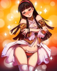 Rule 34 | 1girl, absurdres, alternate costume, amagi yukiko, averting eyes, bare shoulders, blue eyes, blunt bangs, blurry, blush, bokeh, breasts, brown hair, cleavage, closed mouth, cowboy shot, crossed arms, depth of field, detached sleeves, dress, embarrassed, female focus, frilled panties, frills, gradient background, groin, hairband, happy, head tilt, high-cut armor (persona), highres, hime cut, long hair, looking to the side, medium breasts, navel, nose blush, orange background, panties, persona, persona 4, persona 4 the golden, red hairband, red panties, red sleeves, revision, ribbed legwear, shiny skin, skindentation, sleeveless, sleeveless dress, smile, solo, sparkle, standing, stomach, thighhighs, thighs, toasty scones, underwear, wavy mouth, white dress, white thighhighs