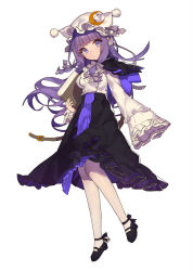 Rule 34 | 1girl, alternate costume, animal hat, belt, black footwear, black skirt, blunt bangs, book, capelet, crescent, crescent hair ornament, full body, hair ornament, hat, high-waist skirt, highres, holding, holding book, long hair, looking at viewer, mary janes, miebao, mob cap, pantyhose, patchouli knowledge, purple eyes, purple hair, shoes, simple background, skirt, sleeves past wrists, solo, touhou, very long hair, white background, white pantyhose, wide sleeves