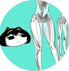 Rule 34 | 1girl, :o, animal ears, black eyes, black hair, blue background, cat ears, colored skin, idkuroi, kokubunji suou, mechanical ears, mole, mole under mouth, original, parted lips, robot, solo, spine, standing, see-through body, white skin, wide face