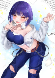 1girl absurdres belt blue_hair blue_pants breasts brown_belt brown_eyes collarbone denim deogho_(liujinzy9854) earrings headphones headphones_around_neck highres jacket jeans jewelry leaning_forward lilpa midriff multicolored_hair navel open_clothes open_jacket open_mouth pants purple_hair shadow sheet_music short_hair solo stomach streaked_hair teeth torn_clothes torn_jeans torn_pants upper_teeth_only virtual_youtuber waktaverse white_jacket