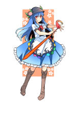 Rule 34 | 1girl, black headwear, blouse, blue hair, blue skirt, boots, border, bow, bowtie, brown footwear, center frills, closed mouth, floral background, food, frills, fruit, full body, haya taro pochi, hinanawi tenshi, holding, holding sword, holding weapon, leaf, long hair, looking at viewer, orange background, peach, rainbow order, red bow, red bowtie, red eyes, shirt, short sleeves, simple background, skirt, smile, solo, standing, sword, sword of hisou, touhou, weapon, white border, white shirt
