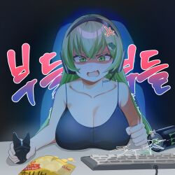 Rule 34 | 1girl, afterimage, anger vein, angry, bare shoulders, black camisole, breast rest, breasts, breasts on table, camisole, can, chair, chips (food), cleavage, desk, desk slam, energy drink, fang, food, frog hair ornament, gaming chair, green eyes, green hair, hair ornament, headset, highres, keyboard (computer), kochiya sanae, large breasts, long hair, looking at viewer, monster energy, mouse (computer), open mouth, playing games, potato chips, skin fang, solo, sovietex, swivel chair, touhou, trembling, very long hair