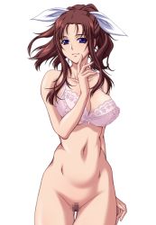 Rule 34 | 1girl, black rainbow, blue eyes, bottomless, bra, breasts, brown hair, censored, game cg, large breasts, legs, long hair, looking at viewer, mature female, navel, ponytail, pussy, saiminjutsu 2, simple background, solo, standing, tachi-e, takase shino, thighs, transparent background, underwear, yoshino keiko