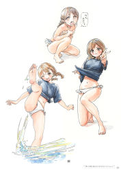 Rule 34 | 1girl, barefoot, bikini, bikini bottom only, blue shorts, braid, brown eyes, brown hair, clothes pull, covering privates, covering breasts, high kick, highres, hiro (dismaless), kicking, kneeling, leg up, long hair, multiple views, navel, on one knee, one eye closed, open mouth, outstretched arm, page number, shirt, shirt pull, short sleeves, shorts, simple background, soles, speech bubble, splashing, squatting, swimsuit, thighs, tied shirt, topless, twin braids, v, wading, water, white background
