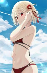 Rule 34 | 1girl, absurdres, adjusting hair, bikini, blonde hair, blue sky, cloud, cloudy sky, hair ribbon, hand on own stomach, highleg, highleg swimsuit, highres, looking at viewer, lycoris recoil, nail polish, navel, nishikigi chisato, ocean, pension z, pink nails, red bikini, red eyes, red ribbon, ribbon, short hair, sky, solo, swimsuit, wet