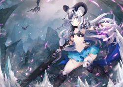 Rule 34 | 1girl, alternate costume, armor, armored boots, armpits, bikini, bikini top only, black footwear, blue eyes, blue skirt, boots, breasts, cleavage, collarbone, dragon, floating hair, fuyouchu, garter straps, groin, highres, holding, holding sword, holding weapon, ice, long hair, looking at viewer, magic, midriff, navel, open mouth, original, pauldrons, pleated skirt, shoulder armor, silver hair, skirt, skull, small breasts, solo, swimsuit, sword, thighhighs, underboob, very long hair, weapon, white thighhighs