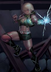 Rule 34 | 1girl, abs, absurdres, bare shoulders, belt, belt buckle, blonde hair, breasts, buckle, chain, cleavage, clenched hand, commentary request, dark-skinned female, dark skin, electricity, feet out of frame, hair between eyes, highres, hood, hood down, i-beam, large breasts, looking at viewer, midriff, muscular, muscular female, navel, original, ranma (kamenrideroz), red eyes, shoes, short hair, shorts, sleeveless, solo, teeth, thighhighs