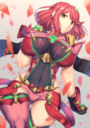 Rule 34 | 1girl, breasts, covered navel, female focus, fingerless gloves, gem, gloves, gluteal fold, hair ornament, headpiece, highres, impossible clothes, impossible leotard, large breasts, leotard, matching hair/eyes, nintendo, pyra (xenoblade), red eyes, red hair, short hair, shorts, solo, thick thighs, thighhighs, thighs, top-down bottom-up, xenoblade chronicles (series), xenoblade chronicles 2, yui sora