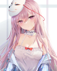 Rule 34 | 1girl, absurdres, blush, bow, breasts, choker, cleavage, expressionless, fox mask, frilled choker, frills, hair between eyes, hata no kokoro, highres, long hair, long sleeves, lshiki, mask, mask on head, pink eyes, pink hair, shirt, sleeveless, sleeveless shirt, solo, touhou, upper body, very long hair