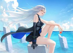 Rule 34 | 1girl, alcohol, arknights, arm rest, arm support, ascot, bare arms, bare legs, bare shoulders, barefoot, beach, black ascot, black dress, black gloves, blue sky, bracelet, breasts, cloud, crack, cup, day, dress, drinking glass, egk513, feet out of frame, floating hair, from side, gloves, hair between eyes, highres, holding, holding cup, horizon, jewelry, long hair, looking at viewer, medium breasts, ocean, outdoors, outstretched arm, parted lips, pillar, red eyes, ribbon trim, shore, short dress, single glove, sitting, skadi (arknights), sky, sleeveless, sleeveless dress, solo, two-sided fabric, very long hair, white hair, wind, wine