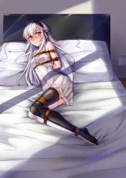 Rule 34 | 1girl, absurdres, arms behind back, asymmetrical legwear, bare shoulders, bdsm, bed, black thighhighs, blush, bondage, bound, breasts, full body, hairband, highres, long hair, looking at viewer, lying, medium breasts, nipples, on side, red eyes, rope, rozen maiden, see-through, silver hair, solo, suigintou, tears, thighhighs, uneven legwear, white thighhighs, zsy (zsy433)