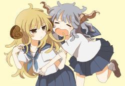 Rule 34 | 2girls, blonde hair, blue neckerchief, blue sailor collar, blue skirt, blush, brown eyes, brown footwear, character request, commentary request, copyright request, dot nose, frown, grey hair, horns, loafers, long hair, manmi, multiple girls, neckerchief, open mouth, pleated skirt, sailor collar, school uniform, serafuku, sheep horns, shirt, shoes, short sleeves, simple background, skirt, socks, white legwear, white shirt, yawning, yellow background