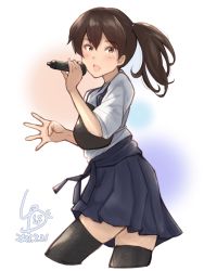 Rule 34 | 1girl, artist logo, black hakama, black thighhighs, brown eyes, brown hair, commentary request, cropped legs, dancing, dated, hakama, hakama short skirt, hakama skirt, highres, japanese clothes, kaga (kancolle), kantai collection, ld (luna dial398), long hair, looking at viewer, microphone, muneate, music, one-hour drawing challenge, side ponytail, singing, skirt, solo, tasuki, thighhighs, white background