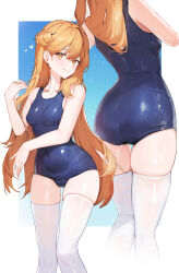 1girl absurdres ass black_survival blue_background blue_one-piece_swimsuit breasts closed_mouth eternal_return:_black_survival from_behind hair_bun hair_ornament hair_stick highres long_hair looking_at_viewer medium_breasts multiple_views one-piece_swimsuit orange_hair school_swimsuit standing swimsuit thighhighs tia_(black_survival) tunamayo_(dsasd751) white_thighhighs yellow_eyes