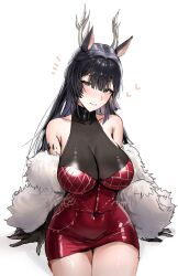 Rule 34 | 1girl, animal ears, antlers, arknights, black eyes, black gloves, black hair, blush, bodystocking, breasts, cape, closed mouth, commentary, covered navel, cowboy shot, deer antlers, deer ears, deer girl, double-parted bangs, dress, fur cape, gloves, hair between eyes, heart, highres, horn/wood, horns, large breasts, long hair, looking at viewer, material growth, notice lines, official alternate costume, oripathy lesion (arknights), pencil dress, red dress, short dress, simple background, sitting, smile, solo, strapless, strapless dress, tsukinogi (arknights), tsukinogi (dance) (arknights), white background