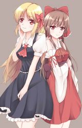 Rule 34 | 2girls, adapted costume, alternate hair length, alternate hairstyle, bad id, bad pixiv id, blonde hair, bow, brown hair, frilled skirt, frills, hair bow, hakurei reimu, hand on own cheek, hand on own face, highres, long hair, multiple girls, aged up, puffy short sleeves, puffy sleeves, red eyes, rumia, short sleeves, skirt, smile, touhou, vest, wendell