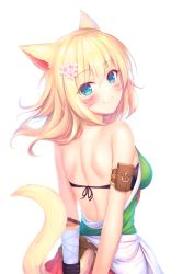 Rule 34 | 1girl, animal ears, arms behind back, backless outfit, bad id, bad pixiv id, bare shoulders, bikini, bikini top only, blonde hair, blue eyes, cat ears, cat tail, commentary request, facial mark, falling leaves, final fantasy, final fantasy xiv, flower, hair flower, hair ornament, highres, leaf, long hair, looking at viewer, looking back, miqo&#039;te, motion blur, mutsuba fumi, partial commentary, revision, smile, solo, swimsuit, tail