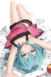 Rule 34 | 1girl, :o, apple, aqua eyes, aqua hair, armpits, arms up, ay6as, bare legs, bare shoulders, breasts, camisole, food, foreshortening, fruit, glass footwear, hatsune miku, highres, lace-trimmed camisole, lace trim, long hair, looking at viewer, lying, medium breasts, on back, open mouth, pink camisole, polka dot, polka dot camisole, red apple, romeo to cinderella (vocaloid), shirt, short shorts, shorts, solo, taut clothes, taut shirt, underwear, unworn footwear, upside-down, vocaloid