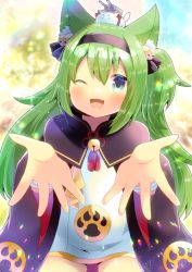 Rule 34 | 1girl, ;d, animal ear fluff, animal ears, azur lane, bandaged arm, bandages, bell, black hairband, blue eyes, blurry, blurry background, blush, cannon, cat ears, commission, depth of field, dress, fang, green hair, hair bell, hair between eyes, hair ornament, hairband, isokaze (azur lane), jingle bell, kou hiyoyo, long hair, long sleeves, looking at viewer, one eye closed, open mouth, skeb commission, smile, solo, turret, very long hair, white dress, wide sleeves, x x