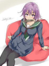 Rule 34 | 1girl, bean bag chair, black pantyhose, blue sweater, fish (food), gakky, green neckerchief, green sailor collar, kantai collection, mouth hold, neckerchief, official alternate costume, one-hour drawing challenge, pantyhose, pink hair, red eyes, sailor collar, school uniform, serafuku, short hair, sitting, solo, sweater, tama (kancolle)