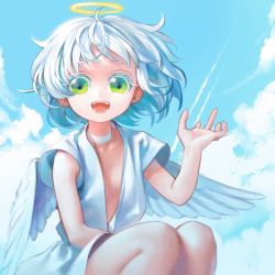 Rule 34 | 1girl, ahoge, angel, blue sky, blue theme, breasts, center opening, child, choker, cloud, collarbone, colored eyelashes, contrail, day, dress, feathered wings, female focus, green eyes, halo, hand up, happy, highres, jpeg artifacts, kaede (shijie heping), knees up, looking at viewer, open mouth, original, outdoors, short hair, short sleeves, sidelocks, sitting, sky, small breasts, smile, solo, teeth, white choker, white dress, white hair, white wings, wide sleeves, wings