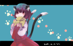 Rule 34 | 1girl, :&lt;, animal ears, bow, brown hair, cat ears, cat tail, chen, dress, ear piercing, earrings, hat, jewelry, letterboxed, long sleeves, mob cap, multiple tails, namauni, nekomata, paw print, piercing, pink eyes, red dress, shirt, single earring, solo, tail, touhou