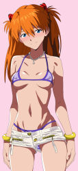 Rule 34 | 1girl, bare shoulders, bikini, bikini under clothes, blue eyes, breasts, brown hair, curvy, highres, jaaaan, legs apart, long hair, medium breasts, micro bikini, micro shorts, navel, neon genesis evangelion, open clothes, open shorts, pink background, shiny skin, short shorts, shorts, simple background, smile, solo, souryuu asuka langley, standing, stomach, swimsuit, thighs, thong, thong bikini, two side up, wide hips