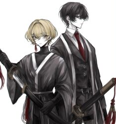 Rule 34 | 2boys, belt, black belt, black eyes, black gloves, black hair, black kimono, black pants, black shirt, black vest, blonde hair, collared shirt, gloves, highres, holding, holding sheath, japanese clothes, katana, kimono, limbus company, long sleeves, looking at viewer, luull, male focus, multiple boys, necktie, pants, project moon, red necktie, sheath, shirt, sinclair (project moon), sword, tassel, turtleneck, unsheathing, vest, weapon, white shirt, wide sleeves, yellow eyes, yi sang (project moon)