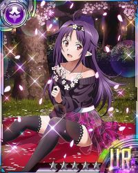 Rule 34 | 10s, 1girl, ahoge, black thighhighs, card (medium), cherry blossoms, collarbone, flower, holding, long hair, looking at viewer, open mouth, outdoors, pleated skirt, pointy ears, purple hair, purple skirt, red eyes, see-through, skirt, solo, sword art online, thighhighs, yuuki (sao), zettai ryouiki
