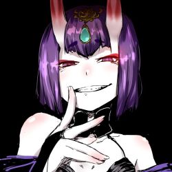 Rule 34 | 1girl, black background, blush, bridal gauntlets, colored skin, eyeshadow, fate/grand order, fate (series), glowing, glowing eyes, half-closed eyes, hand up, headpiece, high contrast, horns, japanese clothes, kimono, looking at viewer, makeup, nose blush, off shoulder, oni, purple eyes, purple hair, purple kimono, short hair, shuten douji (fate), simple background, skin-covered horns, smile, smirk, solo, soubi, upper body, white skin