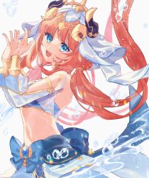 Rule 34 | 1girl, :d, blue eyes, blue gemstone, blue sleeves, bubble, commentary request, gem, genshin impact, gold trim, harem outfit, highres, hinapopota, horns, long hair, long sleeves, looking at viewer, nilou (genshin impact), open mouth, orange hair, smile, solo, stomach, teeth, twintails, upper body, upper teeth only, very long hair, white background, white veil