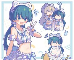 Rule 34 | 2girls, :d, ?, absurdres, angry, animal ears, arm at side, armband, arrow (symbol), bear ears, blanket, blue border, blue eyes, blue neckerchief, blush stickers, border, chibi, chibi inset, commentary, crop top, fake animal ears, fingerless gloves, frilled shirt, frills, frown, gloves, green hair, grey hair, hair between eyes, hair ornament, hair scrunchie, hand up, highres, idoly pride, kabotd, long bangs, long hair, low twintails, midriff, multiple girls, multiple views, navel, neckerchief, notice lines, okuyama sumire, open mouth, outside border, plaid neckerchief, pleated skirt, raised eyebrows, red eyes, sailor collar, sand castle, sand sculpture, scrunchie, shirt, simple background, sitting, skirt, sleeveless, sleeveless shirt, smile, squiggle, straight hair, sweat, tendou rui, towel, towel around neck, twintails, v, v-shaped eyebrows, white background, white gloves, white sailor collar, white scrunchie, white shirt, white skirt