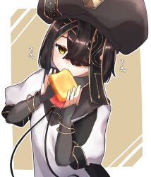 Rule 34 | 1girl, black hair, bread, bread slice, eating, fate/grand order, fate (series), food, food in mouth, gloves, hair over one eye, hat, highres, holding, holding food, medium hair, mole, mouth hold, one eye covered, simple background, toast, toast in mouth, upper body, wasabi0610, xu fu (fate)