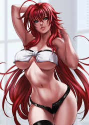 Rule 34 | 1girl, ahoge, arm up, artist name, black thighhighs, blue eyes, blurry, blurry background, breasts, cleavage, cowboy shot, dandon fuga, high school dxd, highres, large breasts, lips, long hair, looking to the side, navel, parted lips, red hair, rias gremory, short shorts, shorts, solo, standing, strapless, thighhighs, tube top, underboob