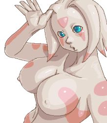 Rule 34 | 1girl, alien, blue eyes, breasts, female focus, large breasts, lowres, monster girl, nipples, nude, open mouth, pixel art, sashizume soutarou, simple background, solo, white background, zanburg