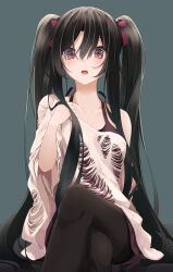 Rule 34 | 1girl, black hair, black pantyhose, blush, breasts, brown eyes, collarbone, crossed legs, dress, grey background, hair ribbon, highres, long hair, looking at viewer, medium breasts, off shoulder, open mouth, original, oriuo q, pantyhose, purple ribbon, ribbon, sidelocks, simple background, single bare shoulder, solo, sweater, sweater dress, twintails, very long hair, white sweater